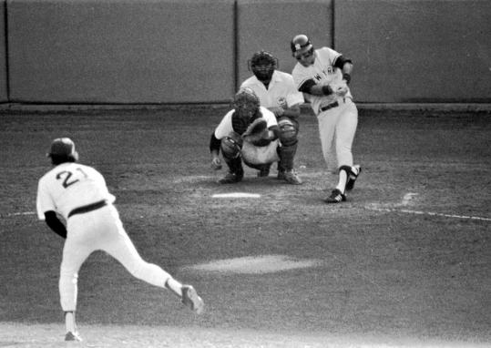 Bucky Dent hits a three-run homer off Sox pitcher Mike Torrez in the 1978 one-game playoff.